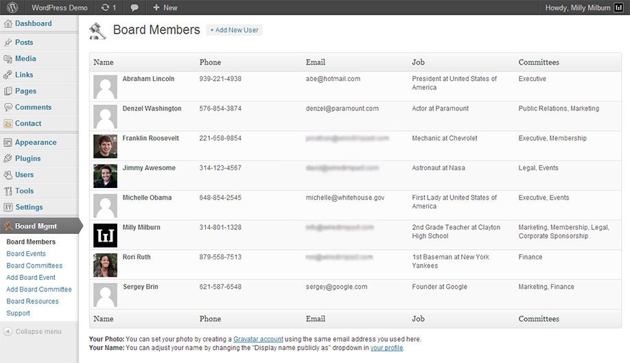 nonprofit board management plugin showing board members