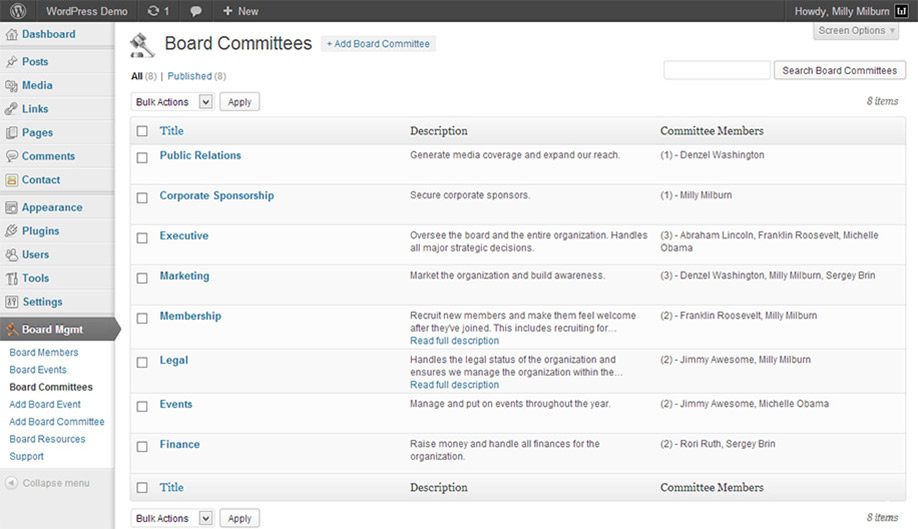nonprofit board management plugin showing board committees