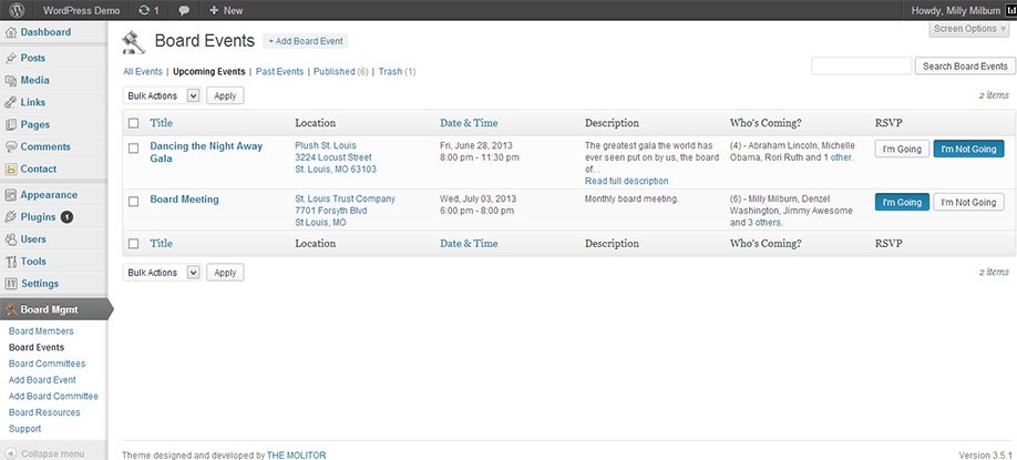 nonprofit board management plugin showing board events
